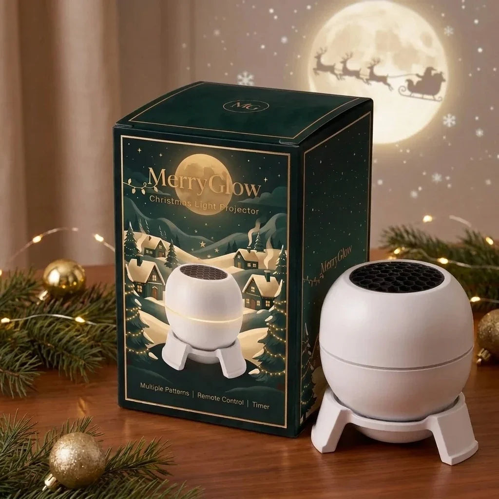 MerryGlow Christmas Light Projector with its emerald gift box and a projected moon and Santa's sleigh