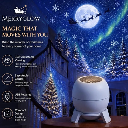 MerryGlow projector filling a room with a Christmas sky - 360 adjustable, USB powered, compact